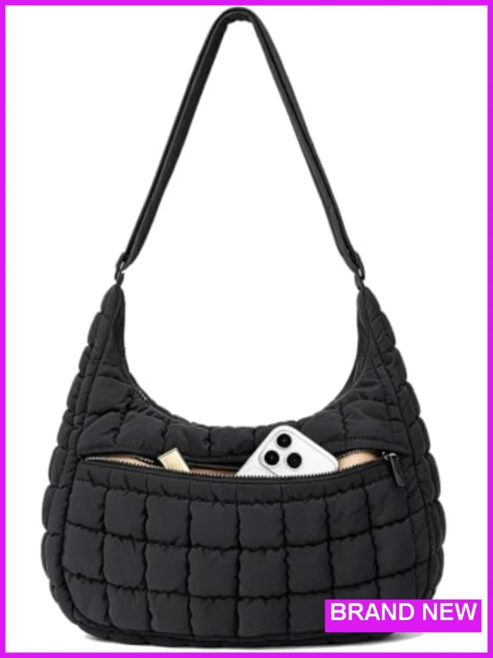 Quilted Nylon Crossbody Shoulder Hobo Bag for Women Padded Adjustable Strap